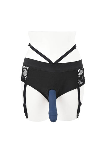 Evolved - Gender X - Snuggle Up Gartered Booty Short Harness & Remote Control Dildo - Blue/Black - Stag Shop