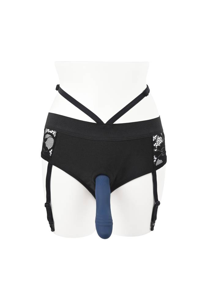 Evolved - Gender X - Snuggle Up Gartered Booty Short Harness & Remote Control Dildo - Blue/Black - Stag Shop