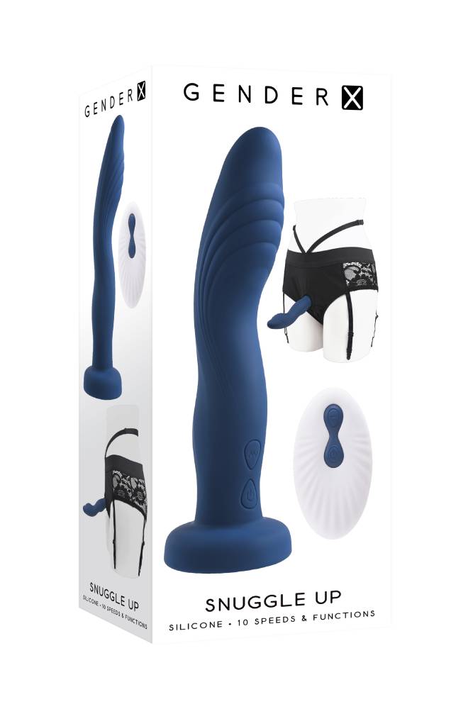Evolved - Gender X - Snuggle Up Gartered Booty Short Harness & Remote Control Dildo - Blue/Black - Stag Shop