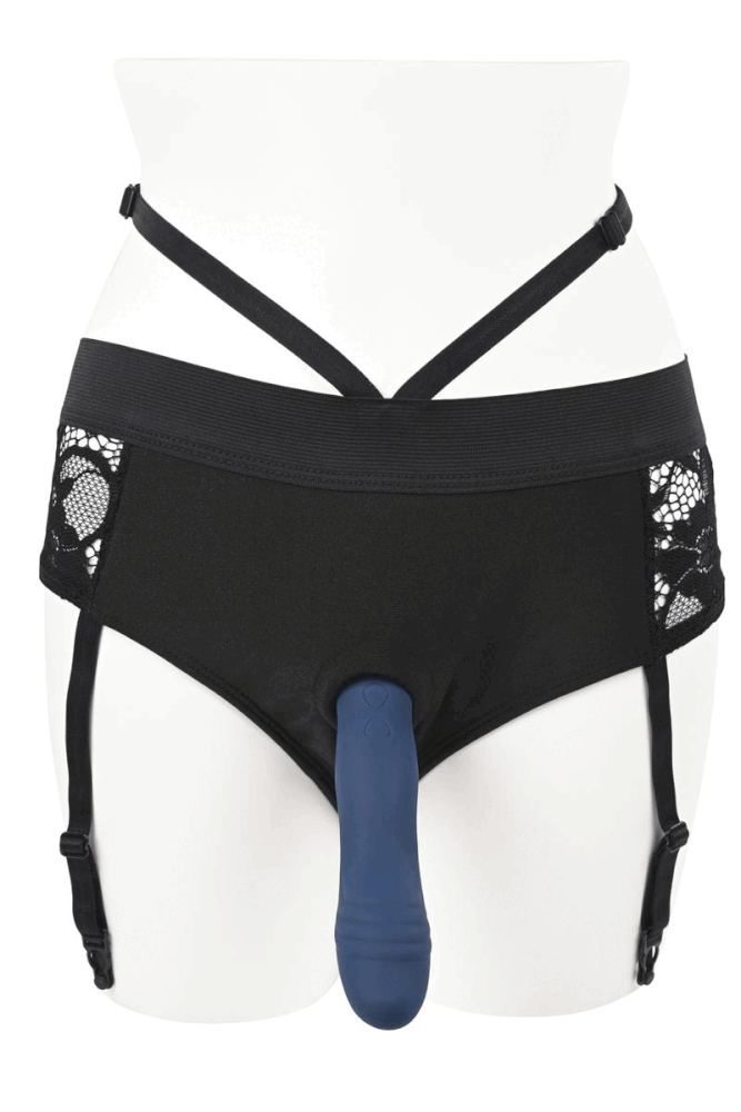 Evolved - Gender X - Snuggle Up Gartered Booty Short Harness & Remote Control Dildo - Blue/Black - Stag Shop