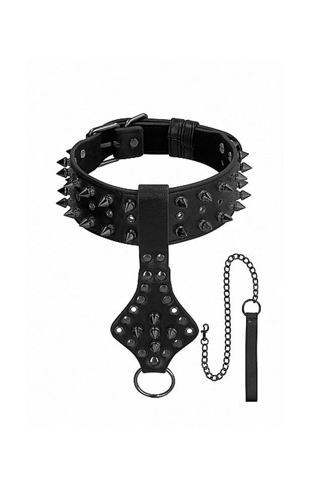 Ouch by Shots Toys - Deluxe Spiked Collar With Leash - Black - Stag Shop