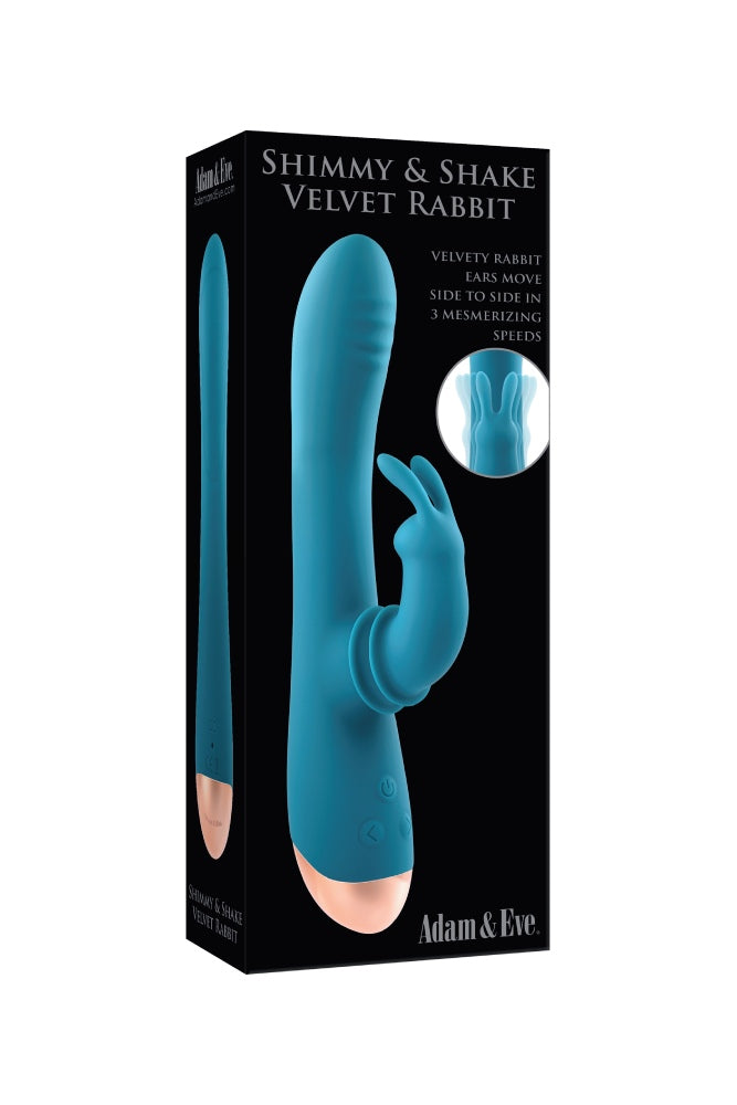 Adam & Eve - Shimmy & Shake Velvet Rabbit Vibrator - Teal - Stag Shop
