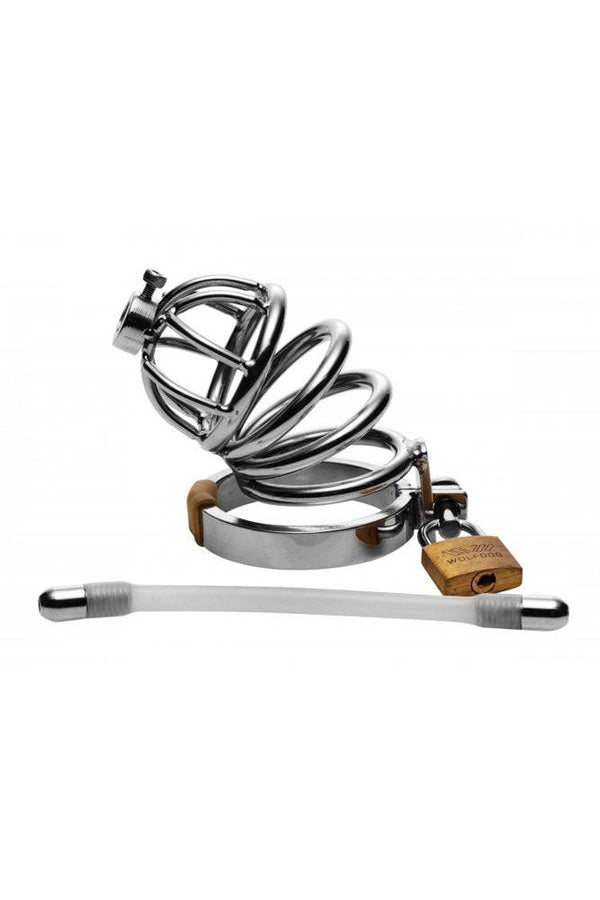 XR Brands - Master Series - Stainless Steel Chastity Cage with Silicone Urethral Plug - Stag Shop