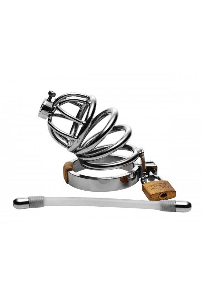 XR Brands - Master Series - Stainless Steel Chastity Cage with Silicone Urethral Plug - Stag Shop