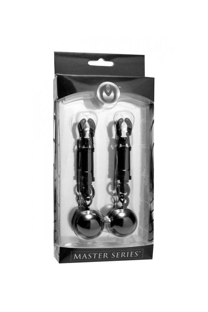 XR Brands - Master Series - Black Bomber Nipple Clamps with Ball Weights - Stag Shop
