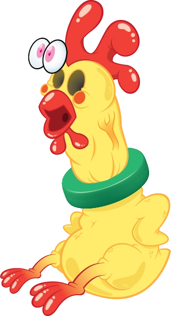 A cartoon depiction of a chicking with a green cock ring around its neck.