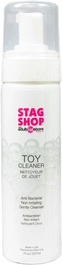 A bottle of Stag Shop brand toy cleaner.