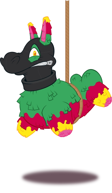 A cartoon depiction of a pinata donkey in a bondage mask.